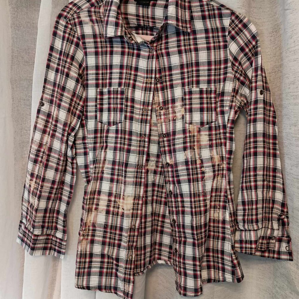 Ladies Long Sleeve Acid Style Plaid Shirt (M), Black/White/Red, Snap (buttons)